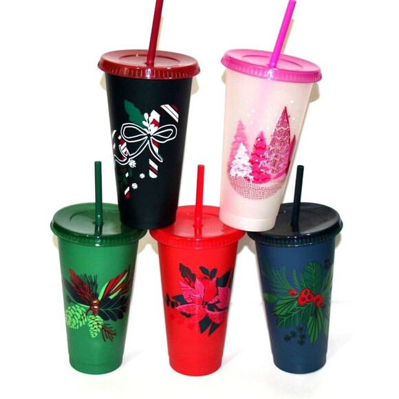 Starbucks Holiday Christmas Themed Reusable Cold Cups Lids Straws 24 Oz Set 5 - Picture 14 of 14